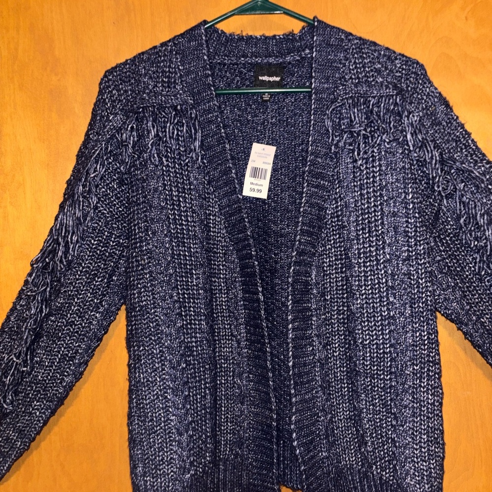 NWT Wallpapher Navy Marled Knit Fringe Cardigan - Women’s Size Medium